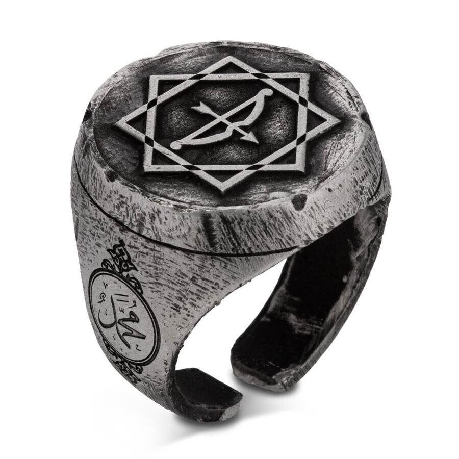 Alparslan Buyuk Selcuklu Eight - Pointed Star Arrow Bow Tumbled Silver Men's Ring | 925 Sterling Silver Handmade - Turkish TV Series