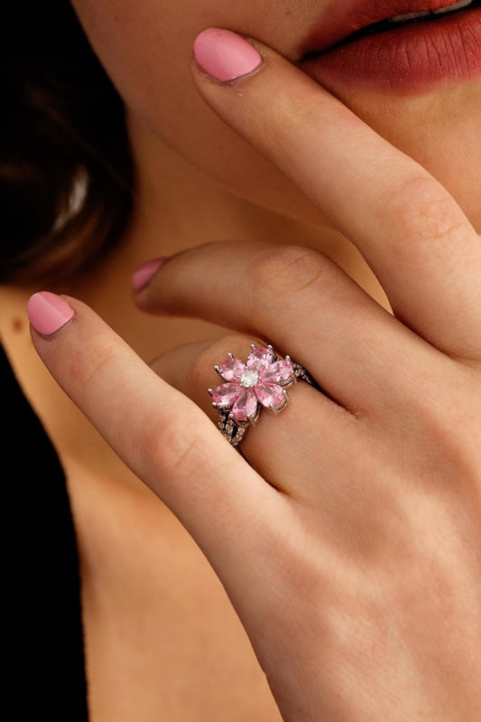 Eda Yildiz Ring Sen Cal Kapimi - Adjustable One Size Sterling Silver Ring With Pink Stone - Turkish TV Series