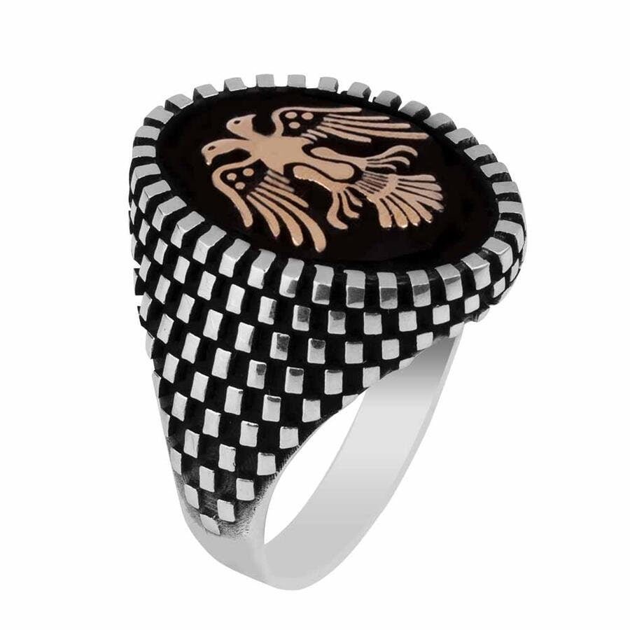 Great Seljuk Double Headed Eagle Black Ground 925 Sterling Silver Ring for Mens, Handmade Uyanis Great Seljuk Ring, Statement Ring for Lover - Turkish TV Series
