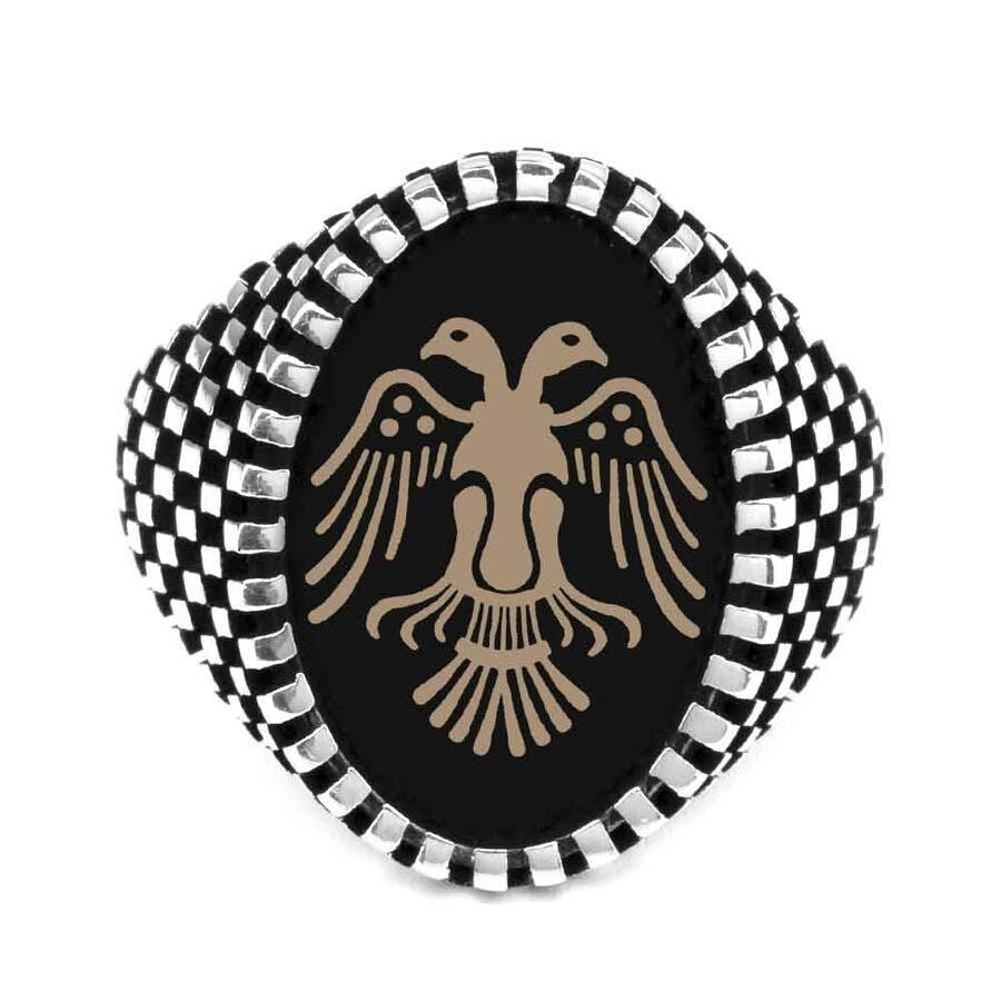 Great Seljuk Double Headed Eagle Black Ground 925 Sterling Silver Ring for Mens, Handmade Uyanis Great Seljuk Ring, Statement Ring for Lover - Turkish TV Series