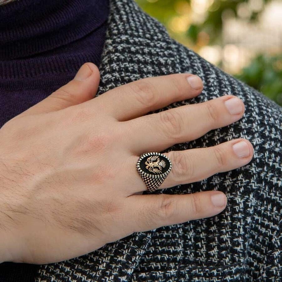 Great Seljuk Double Headed Eagle Black Ground 925 Sterling Silver Ring for Mens, Handmade Uyanis Great Seljuk Ring, Statement Ring for Lover - Turkish TV Series