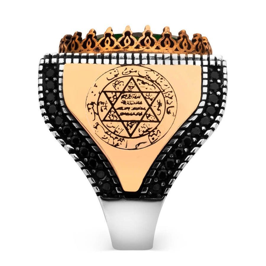 Seal of Solomon Men's Ring with Green Zircon Stone / Hz. Suleiman 925 Sterling Silver Handmade Ring/ Ottoman Arm "Seal of Solomon" Engraved - Turkish TV Series
