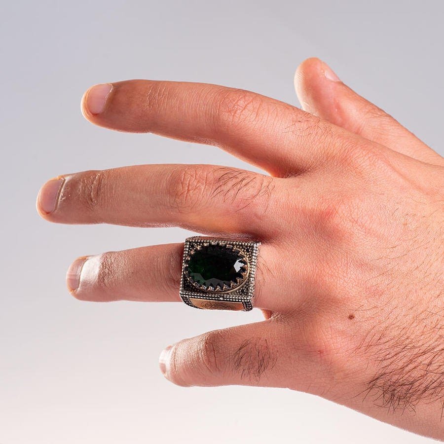 Seal of Solomon Men's Ring with Green Zircon Stone / Hz. Suleiman 925 Sterling Silver Handmade Ring/ Ottoman Arm "Seal of Solomon" Engraved - Turkish TV Series