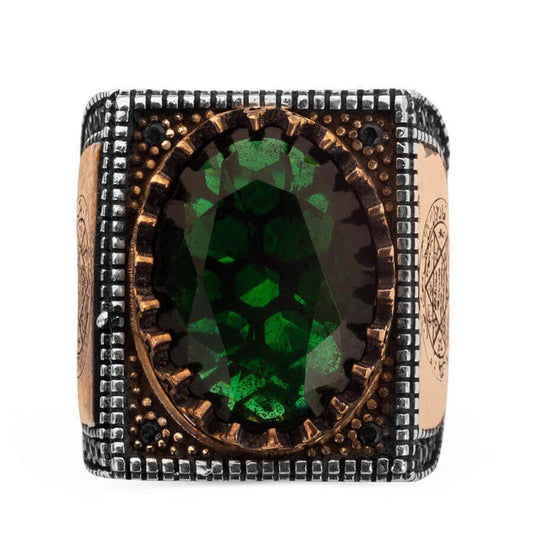 Seal of Solomon Men's Ring with Green Zircon Stone / Hz. Suleiman 925 Sterling Silver Handmade Ring/ Ottoman Arm "Seal of Solomon" Engraved - Turkish TV Series