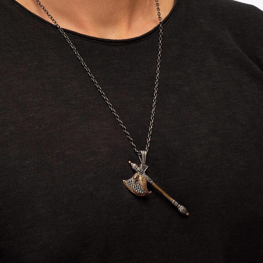 Turgut Alp Dirilis Axe Symbol Necklace - Kayi Tribe Handmade 925 Sterling Silver Ottoman Necklace Gift, Hawk Figured Double Sided - Turkish TV Series