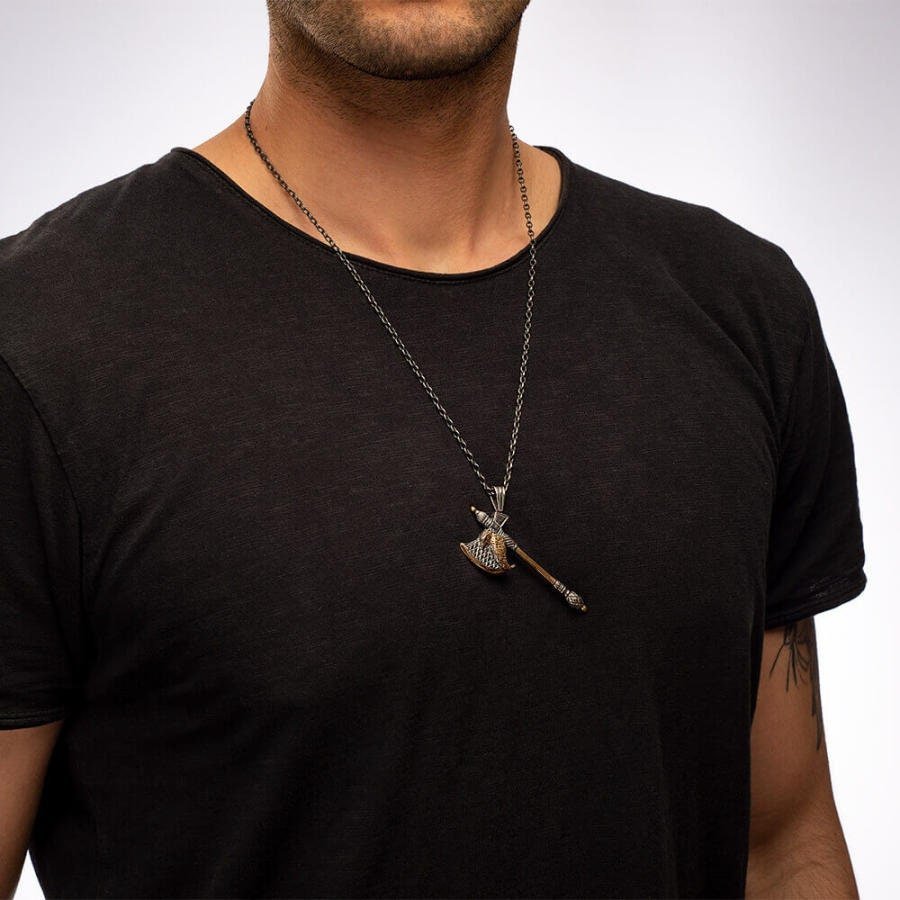 Turgut Alp Dirilis Axe Symbol Necklace - Kayi Tribe Handmade 925 Sterling Silver Ottoman Necklace Gift, Hawk Figured Double Sided - Turkish TV Series