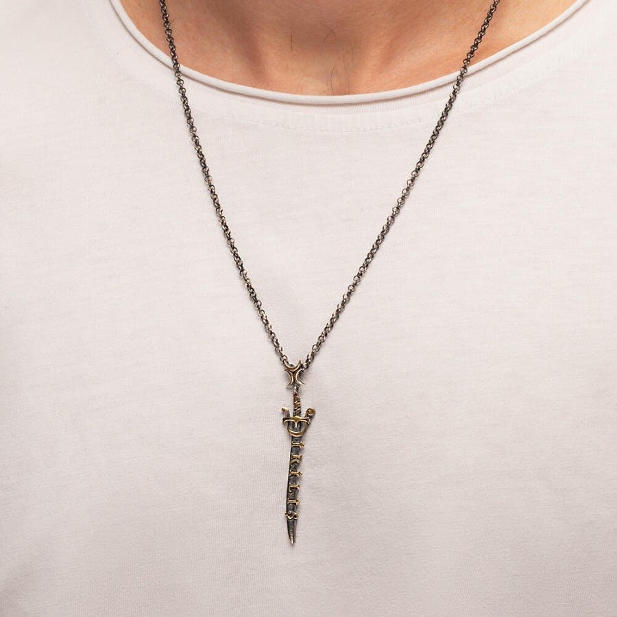 Dirilis Ertugrul Three Crescent Ertugrul Gazi Sword Necklace Kayi Tribe | cHandmade 925 Sterling Silver Necklace for Men | Turkish Series Gift - Turkish TV Series