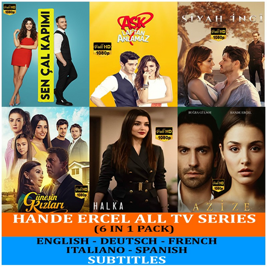 Hande Ercel Ultimate Collection: 6-in-1 TV Series Pack | Sen Cal Kapimi, Ask Laftan Anlamaz, Siyah Inci, Gunesin Kizlari, Halka, Azize | Full HD with Multi-Language Subtitles