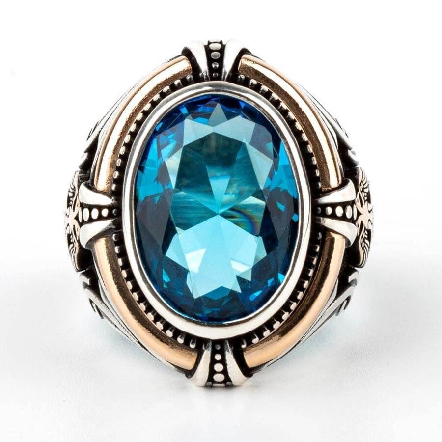 Mens Blue Turquoise Seljuk Double Headed Eagle Motif Zircon Stone 925 Sterling Silver Ring, Handmade Uyanis Great Seljuk Ring - Turkish TV Series