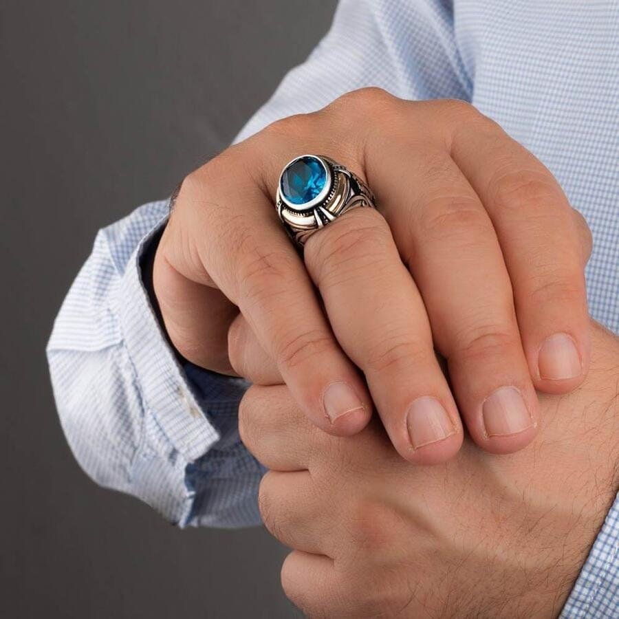 Mens Blue Turquoise Seljuk Double Headed Eagle Motif Zircon Stone 925 Sterling Silver Ring, Handmade Uyanis Great Seljuk Ring - Turkish TV Series