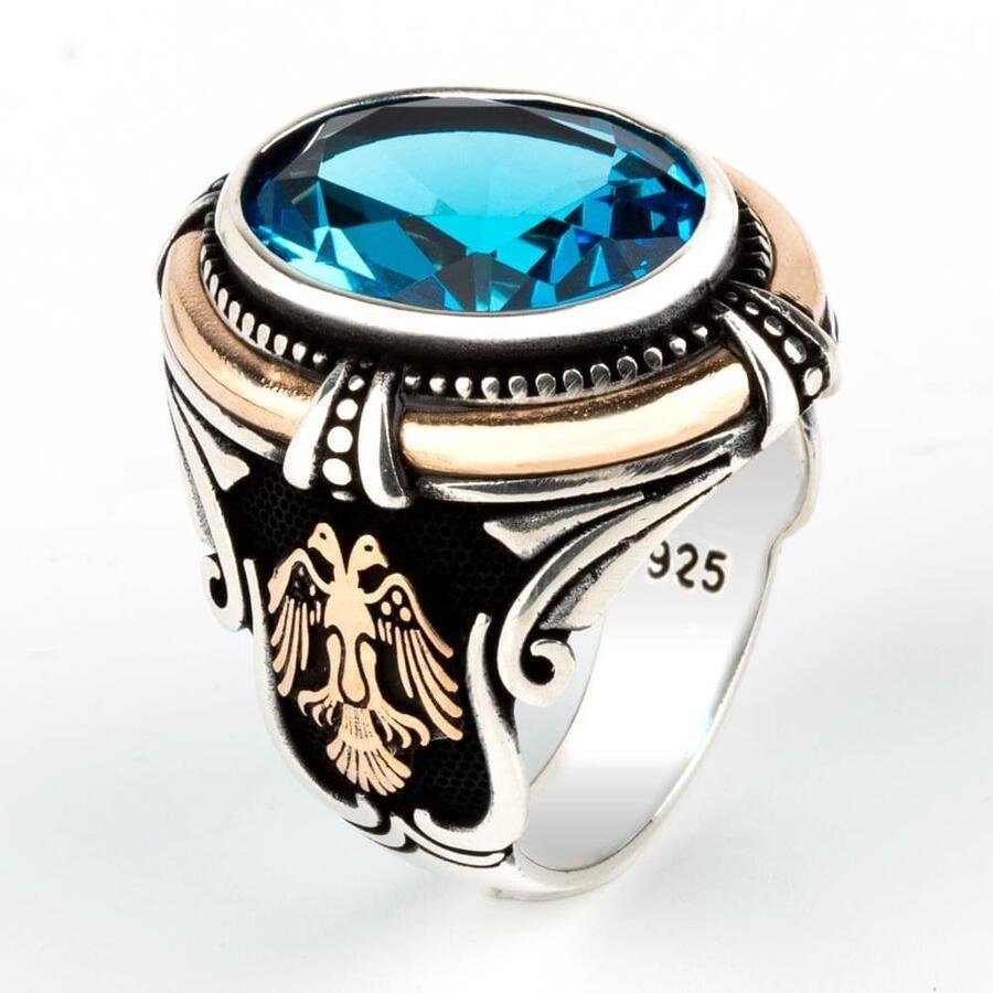 Mens Blue Turquoise Seljuk Double Headed Eagle Motif Zircon Stone 925 Sterling Silver Ring, Handmade Uyanis Great Seljuk Ring - Turkish TV Series