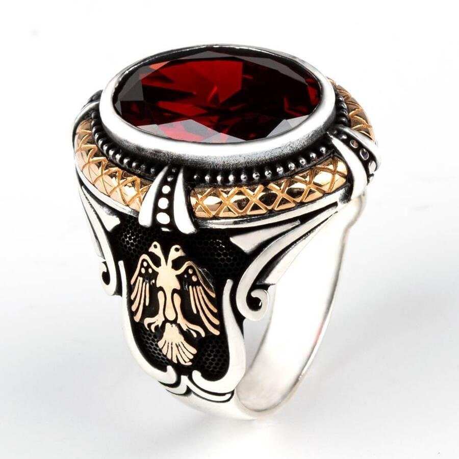 Mens Double Headed Eagle Motif Red Zircon Stone 925 Sterling Silver Ring, Handmade Uyanis Great Seljuk Ring - Turkish TV Series
