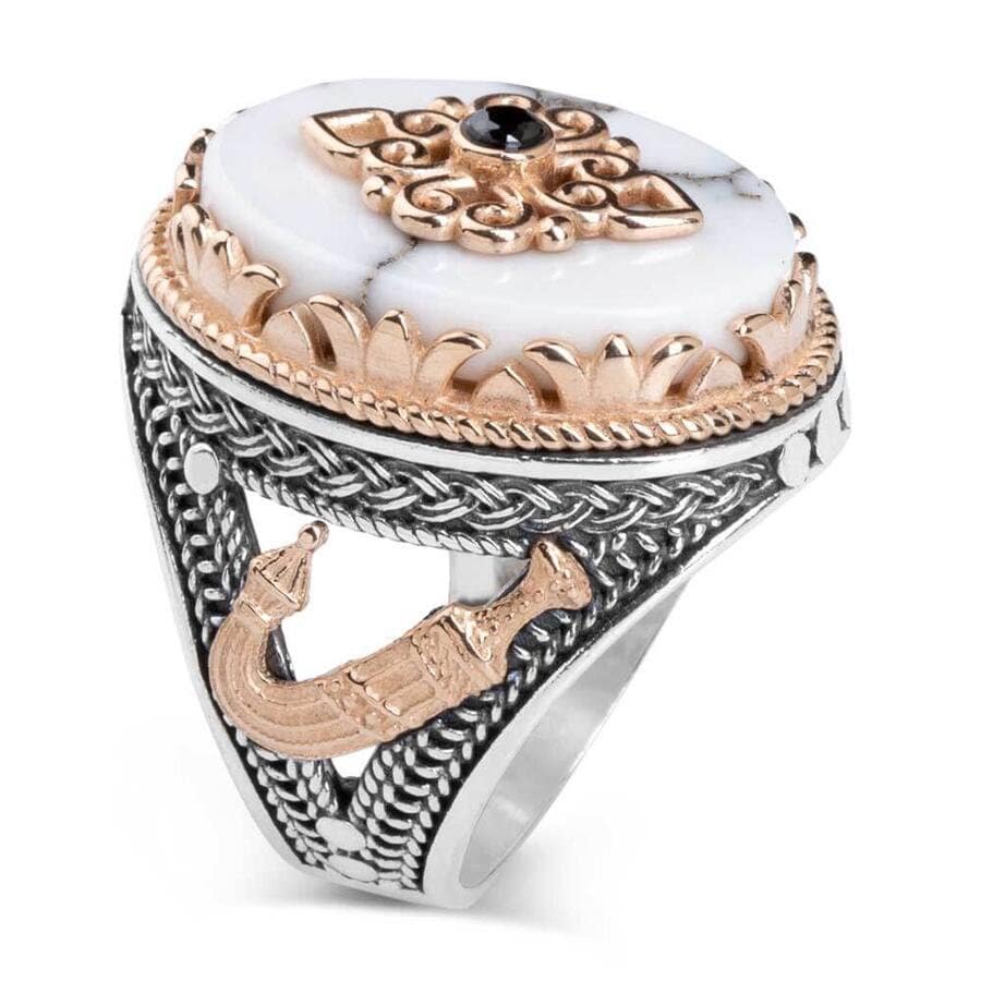 Mens Gold Sword Figured Zircon and White Pearl Stone 925 Sterling Silver Ring, Uyanis Great Seljuk Ring Gold Color Alparslan Buyuk Selcuklu - Turkish TV Series