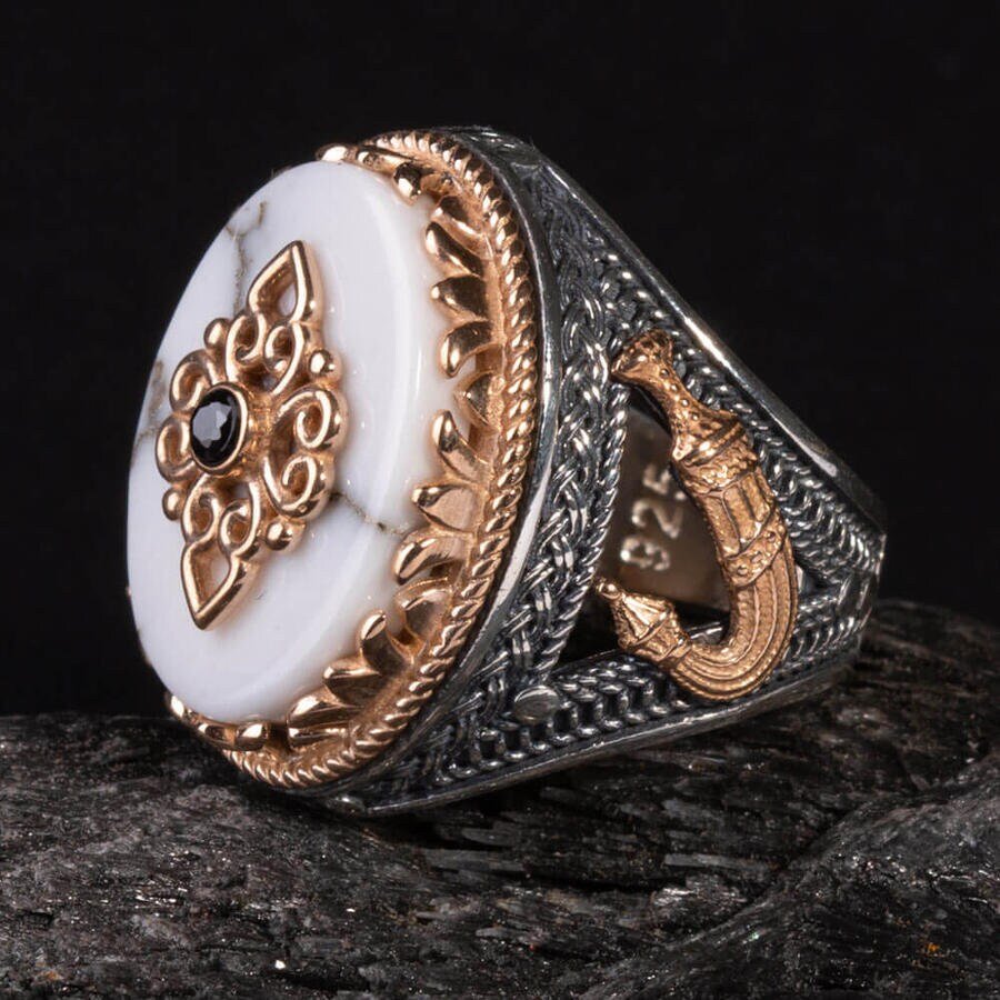 Mens Gold Sword Figured Zircon and White Pearl Stone 925 Sterling Silver Ring, Uyanis Great Seljuk Ring Gold Color Alparslan Buyuk Selcuklu - Turkish TV Series