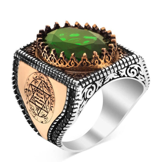 Seal of Solomon Men's Ring with Green Zircon Stone / Hz. Suleiman 925 Sterling Silver Handmade Ring/ Ottoman Arm "Seal of Solomon" Engraved - Turkish TV Series