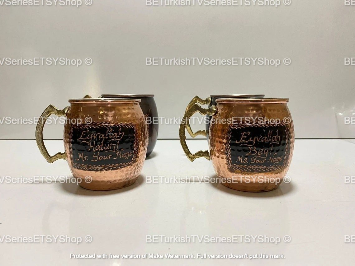 SET OF 2 Ertugrul Mug Solid Copper Hand Engraved / Handmade Pure Copper Dirilis Ertugrul Mugs / Personalized Eyvallah Hatun&Bey Mug /Model 2 - Turkish TV Series