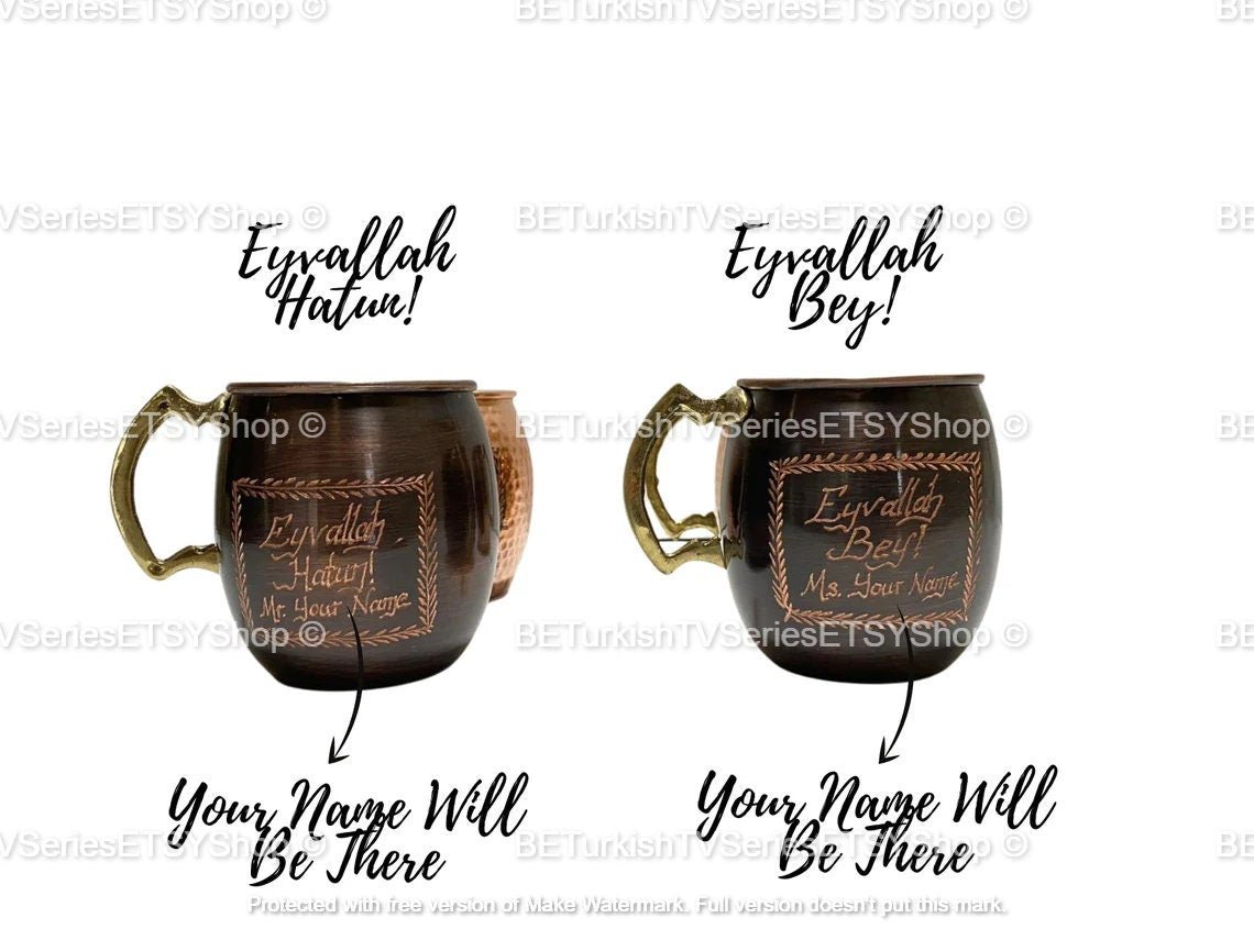 SET OF 2 Ertugrul Mug Solid Copper Hand Engraved / Handmade Pure Copper Dirilis Ertugrul Mugs / Personalized Eyvallah Hatun&Bey Mug /Model 2 - Turkish TV Series