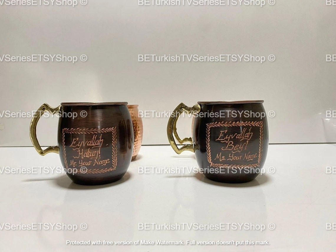 SET OF 2 Ertugrul Mug Solid Copper Hand Engraved / Handmade Pure Copper Dirilis Ertugrul Mugs / Personalized Eyvallah Hatun&Bey Mug /Model 2 - Turkish TV Series