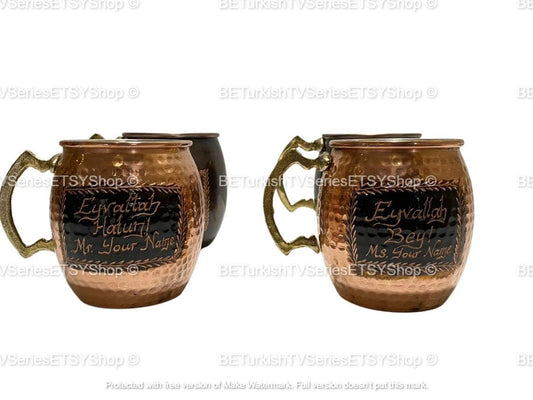 SET OF 2 Ertugrul Mug Solid Copper Hand Engraved / Handmade Pure Copper Dirilis Ertugrul Mugs / Personalized Eyvallah Hatun&Bey Mug /Model 2 - Turkish TV Series