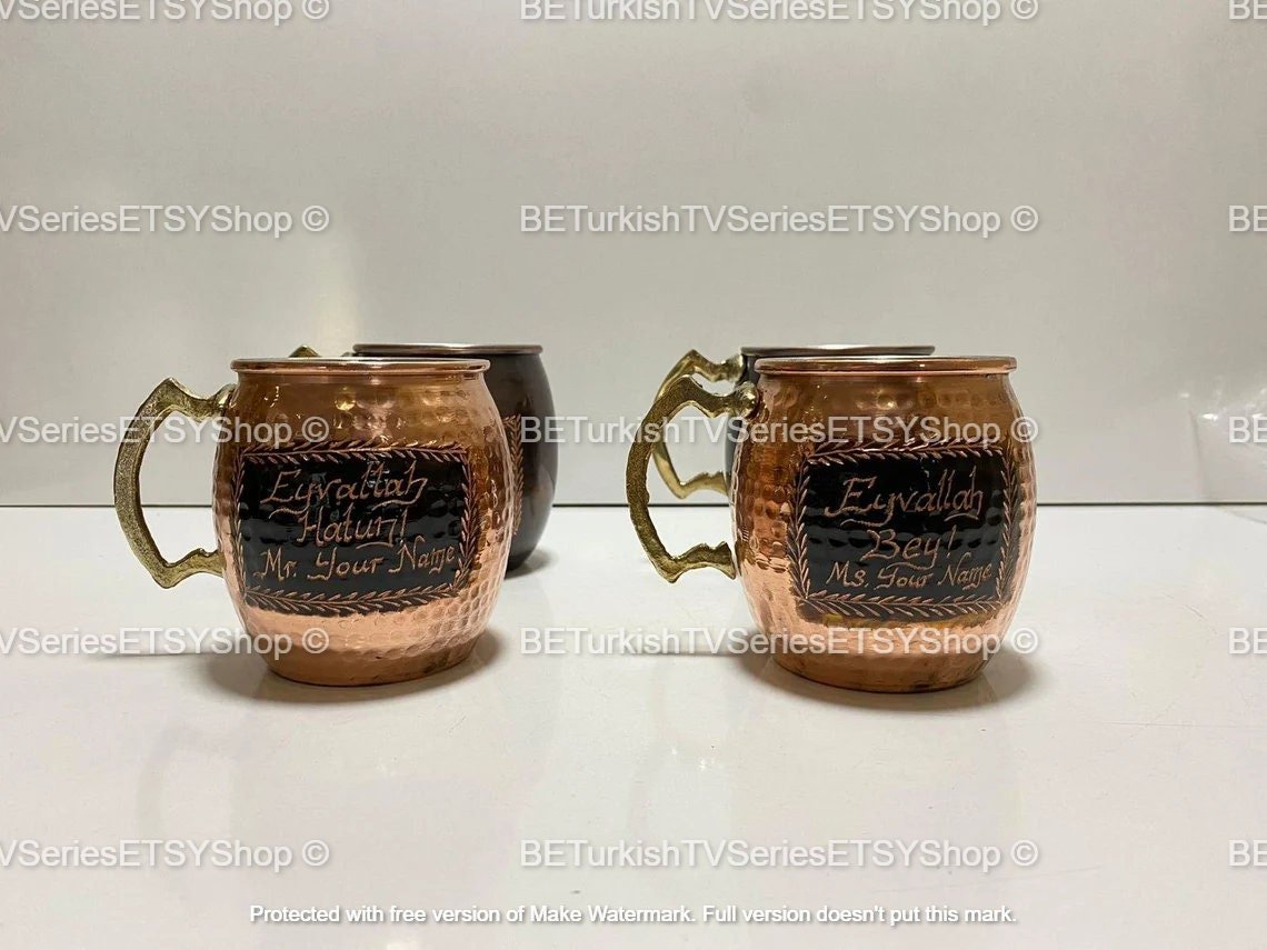 SET OF 2 Ertugrul Mug Solid Copper Hand Engraved / Handmade Pure Copper Dirilis Ertugrul Mugs / Personalized Eyvallah Hatun&Bey Mug /Model 2 - Turkish TV Series