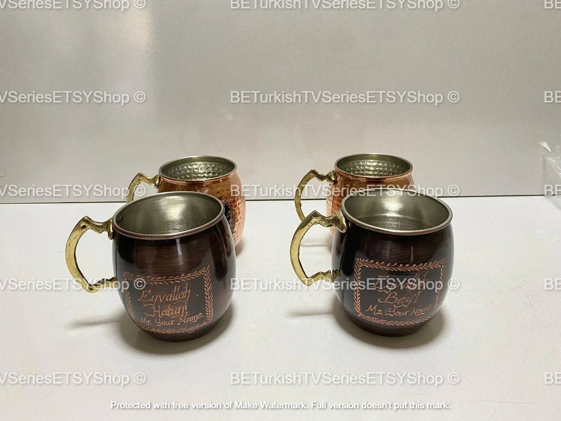 SET OF 2 Ertugrul Mug Solid Copper Hand Engraved / Handmade Pure Copper Dirilis Ertugrul Mugs / Personalized Eyvallah Hatun&Bey Mug /Model 2 - Turkish TV Series