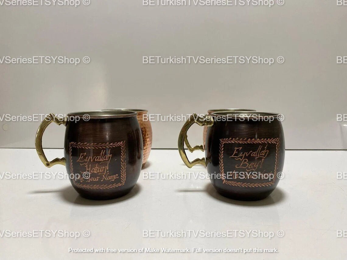 SET OF 2 Ertugrul Mug Solid Copper Hand Engraved / Handmade Pure Copper Dirilis Ertugrul Mugs / Personalized Eyvallah Hatun&Bey Mug /Model 2 - Turkish TV Series