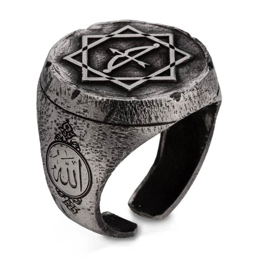 Alparslan Buyuk Selcuklu Eight-Pointed Star Arrow Bow Tumbled Silver Men's Ring | 925 Sterling Silver Handmade