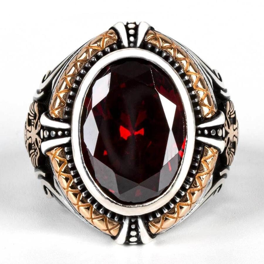 Mens Double Headed Eagle Motif Red Zircon Stone 925 Sterling Silver Ring,  Handmade Uyanis Great Seljuk Ring