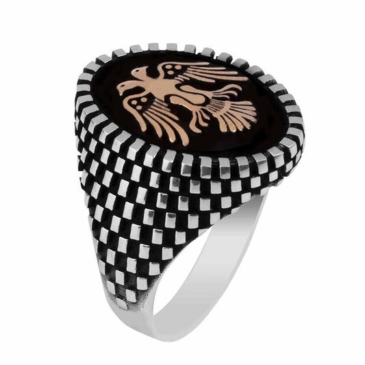 Great Seljuk Double Headed Eagle Black Ground 925 Sterling Silver Ring for Mens, Handmade Uyanis Great Seljuk Ring, Statement Ring for Lover