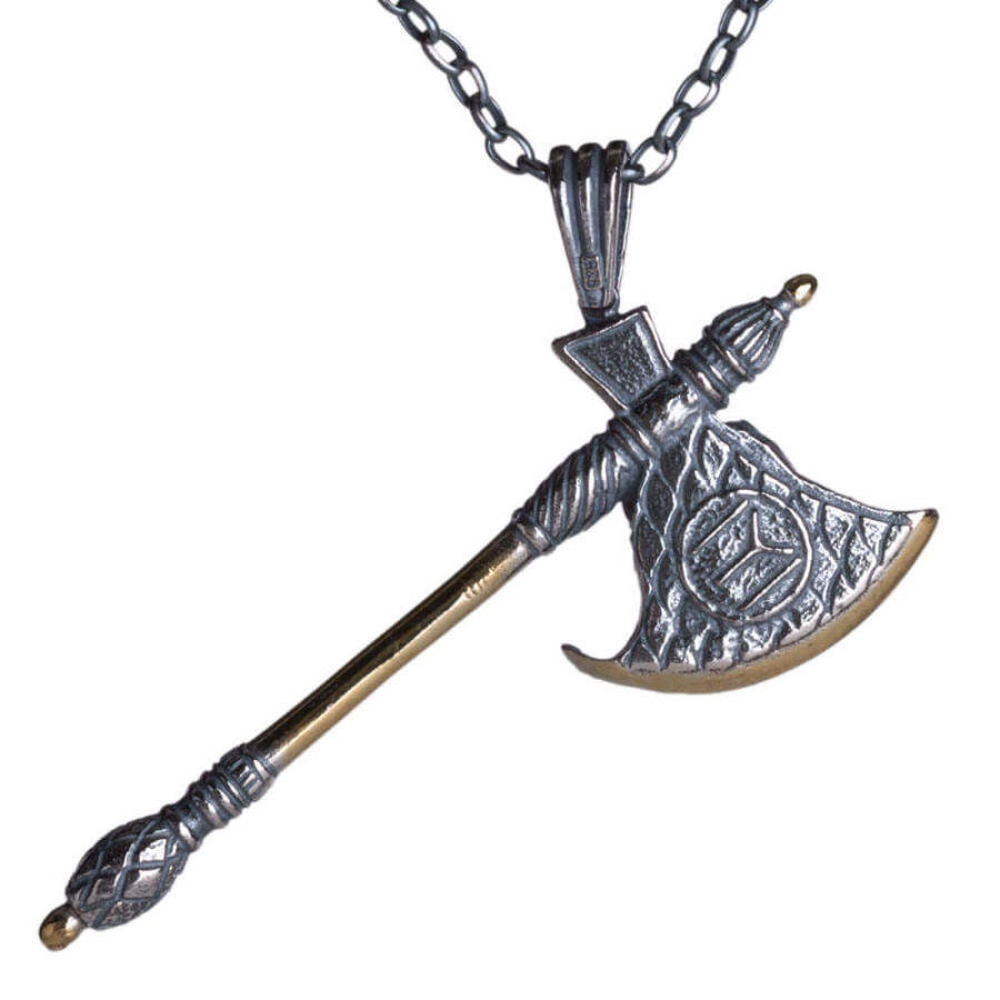 Turgut Alp Dirilis Axe Symbol Necklace - Kayi Tribe Handmade 925 Sterling Silver Ottoman Necklace Gift, Hawk Figured Double Sided 