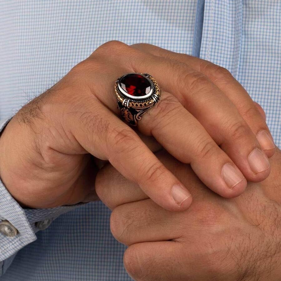 Mens Double Headed Eagle Motif Red Zircon Stone 925 Sterling Silver Ring,  Handmade Uyanis Great Seljuk Ring
