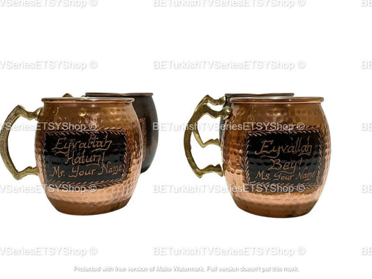 ENSEMBLE DE 2 Tasses Ertugrul en cuivre massif gravées à la main / Tasses Dirilis Ertugrul en cuivre pur faites à la main / Tasse personnalisée Eyvallah Hatun&amp;Bey / Modèle 2