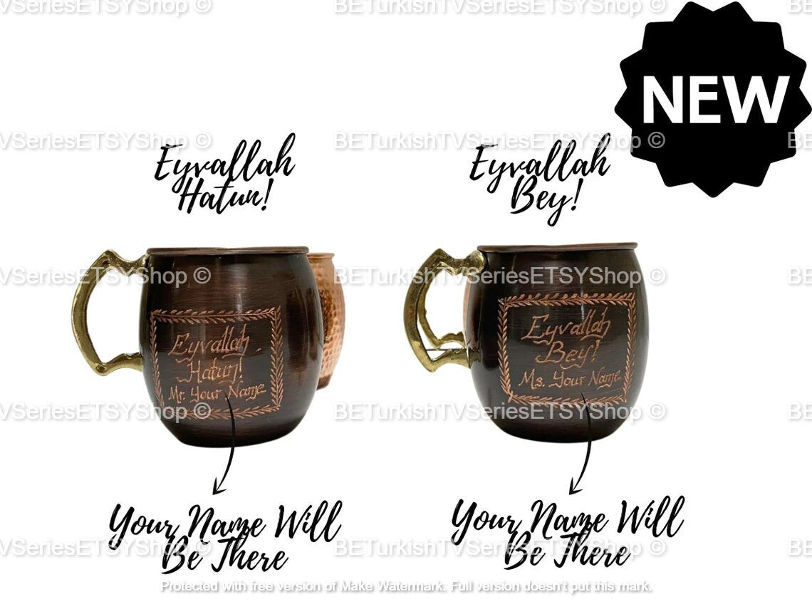 SET OF 2 Ertugrul Mug Solid Copper Hand Engraved / Handmade Pure Copper Dirilis Ertugrul Mugs / Personalized Eyvallah Hatun&Bey Mug /Model 2